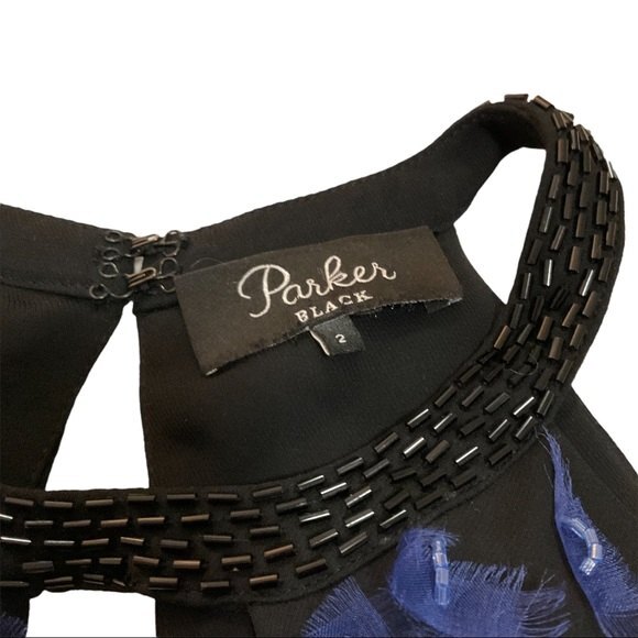 Parker Black Abstract Embellished Mini Halter Cocktail Dress 2 Black Blue Floral - Picture 4 of 9